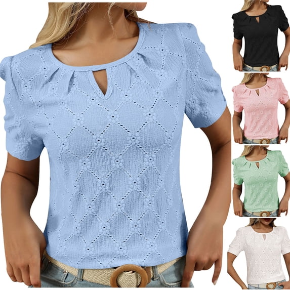 Htigea Womens Summer Tops Spring Shirts Trendy Vacation Outfits Short Sleeve Business Tshirts Fashion Casual Blouses Sky Blue,L