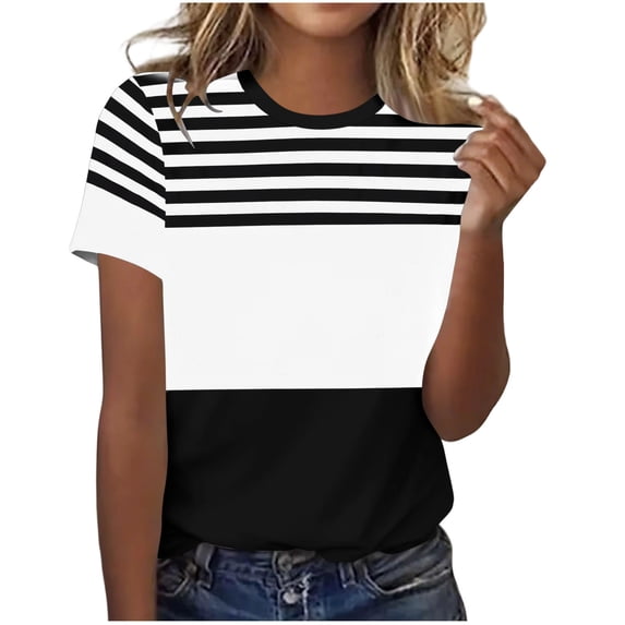 Htigea Womens Summer Tops Striped Color Block Short Sleeve T-Shirt Soft Comfortable Casual Tees Summer Clothes White L