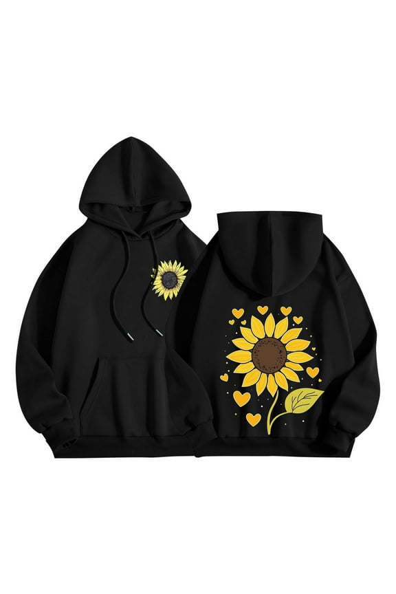 Womens Sunflower Sweatshirts Fleece Hooded Pullover Tops Oversized Long Sleeve Hoodies with Pockets Black 2XL