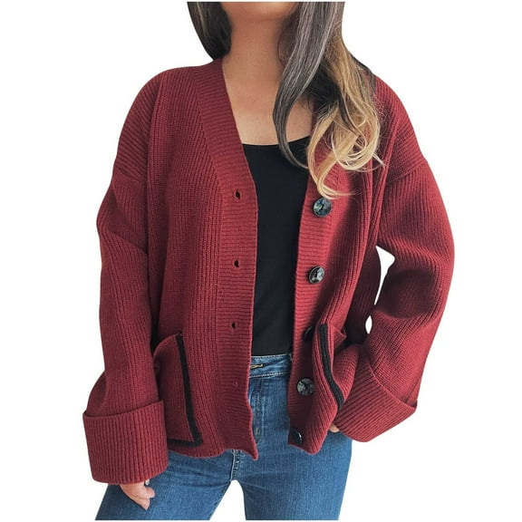 Htigea Womens Sweater Cardigans Fall Long Sleeve Button Down V-Neck Tops Chunky Knit Sweater Coats with Pockets Wine L