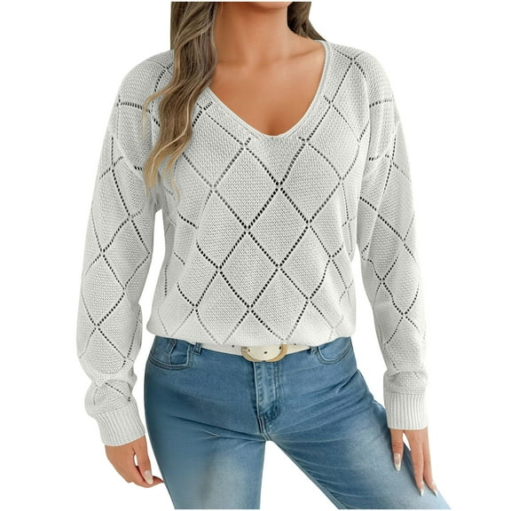 Htigea Womens Sweaters Fall V Neck Long Sleeve Knit Pullover Lightweight Crochet Sweater Tops White L