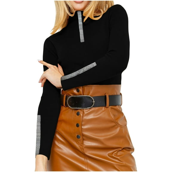 Htigea Womens Sweaters Ribbed Knit Long Sleeve Mock Neck Tops Rhinestone Trim Base Layer Pullovers Black M