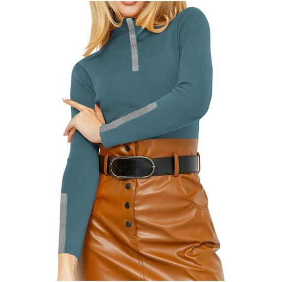 Htigea Womens Sweaters Ribbed Knit Long Sleeve Mock Neck Tops Rhinestone Trim Base Layer Pullovers Blue M