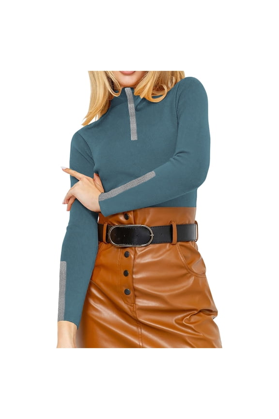 Womens Sweaters Ribbed Knit Long Sleeve Mock Neck Tops Rhinestone Trim Base Layer Pullovers Blue M