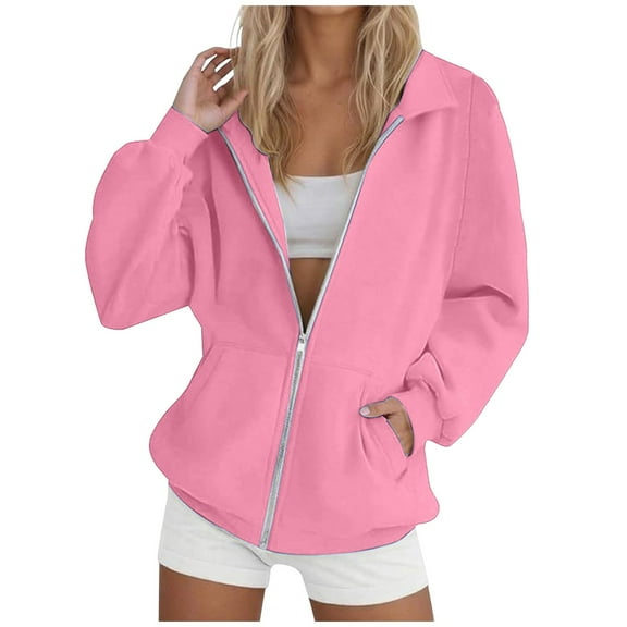 Htigea Womens Sweatshirt Coats Full Zip Up Hoodies Thin Fleece Long Sleeve Hooded Pullover Casual Loose Fit Tops with Pockets Pink L