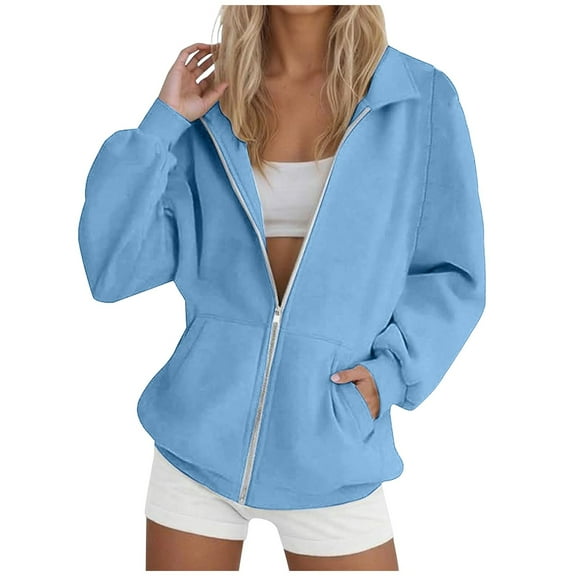 Htigea Womens Sweatshirt Coats Full Zip Up Hoodies Thin Fleece Long Sleeve Hooded Pullover Casual Loose Fit Tops with Pockets Sky Blue XXL