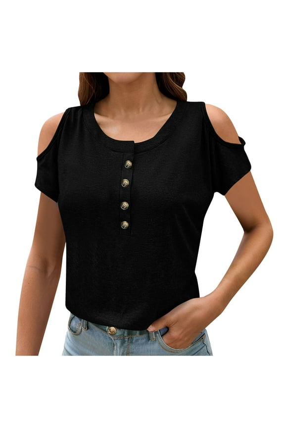Womens T-Shirts Plus Size Cold Shoulder Tunic Tops Soft Short Sleeve Henley Shirts Summer Casual Loose Fit Daily Tees Black S