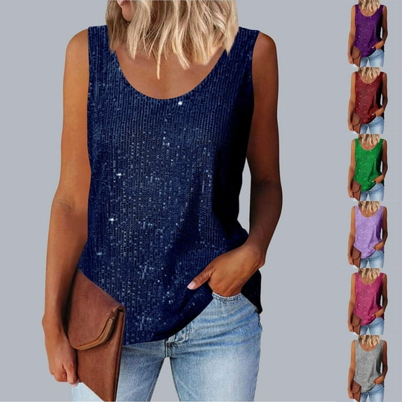 Htigea Womens Tank Tops Casual Fashion V Neck Strappy Sequin Sparkle Shimmer Camisole Sleeveless Tanks Tops Navy,2XL