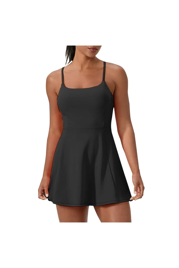 Womens Tennis Mini Dress with Built-in Bra Summer Spaghetti Strap Cross Back Workout Dress Solid Color Dance Exercise Tank Dresses Black,M
