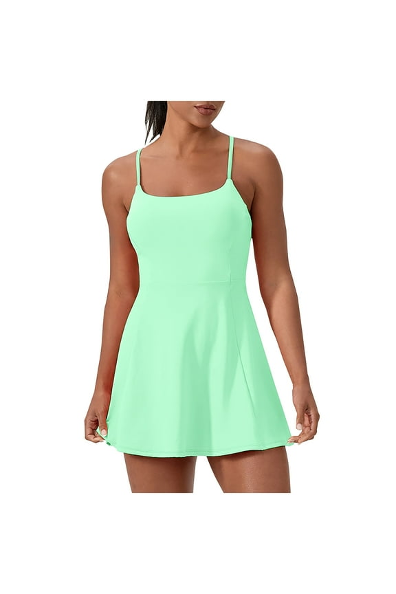 Womens Tennis Mini Dress with Built-in Bra Summer Spaghetti Strap Cross Back Workout Dress Solid Color Dance Exercise Tank Dresses Green,M