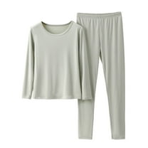 Htigea Womens Thermal Underwear 2 Pieces Solid Color Crew Neck Tops and Elastic Waist Pants Sets Soft Comfy Base Layer Long Johns Green M