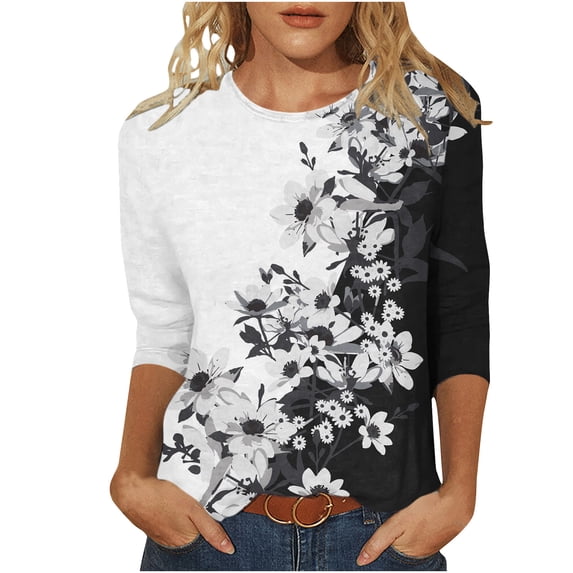 Htigea Womens Three Quarter Sleeve Tshirts Plus Size Crewneck Tops Vintage Color Block Printed Tees Casual Daily Shirts Black,M