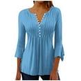 thumbnail image 1 of Htigea Womens Tops 3/4 Flare Sleeve V Neck Shirts Pleated Button Down Tunic Tee Solid Color Casual Loose Fit Blouses Blue,L, 1 of 5