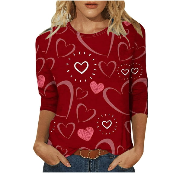 Htigea Womens Tunic Tops 3/4 Sleeve Crew Neck T Shirt Valentine's Day Love Heart Print Blouse Casual Cozy Pullover Tees ZA Pink,XXL