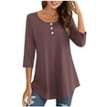 thumbnail image 1 of Htigea Womens Tunic Tops 3/4 Sleeve Crewneck T Shirts Casual Loose Pullover Solid Color Basic Tees with Buttons Brown,M, 1 of 4