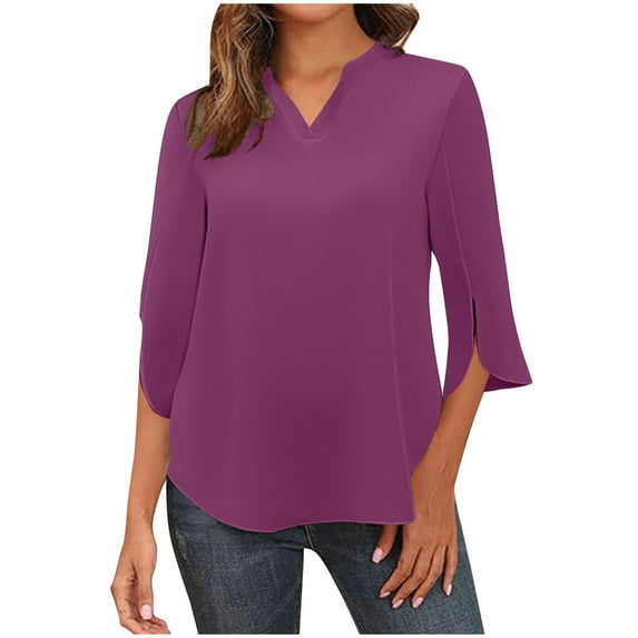 Htigea Womens Tunic Tshirts Split 3/4 Sleeve V Neck Tops Dressy Business Work Tee Solid Color Business Blouse Purple,XL