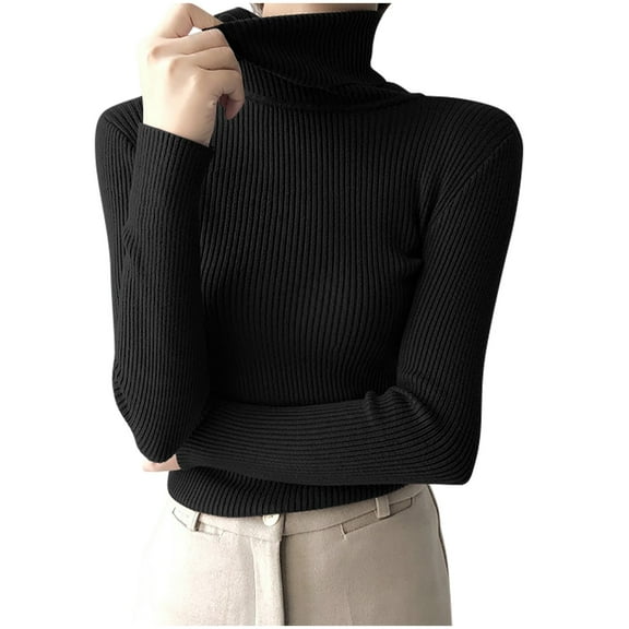 Htigea Womens Turtleneck Sweater Ribbed Knit Slim Fit Tops Lightweight Long Sleeve Pullover Fall Winter Stretchy Base Layer Tops Black Free Size
