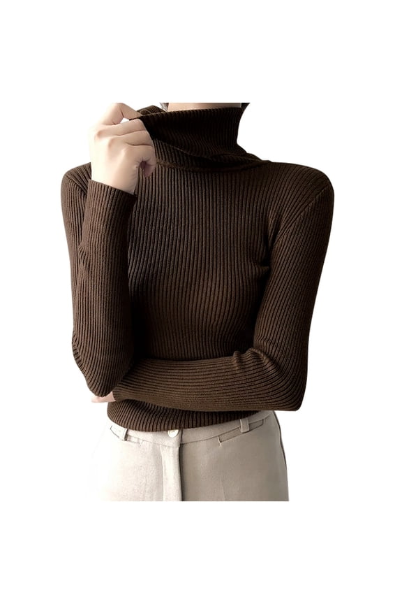 Womens Turtleneck Sweater Ribbed Knit Slim Fit Tops Lightweight Long Sleeve Pullover Fall Winter Stretchy Base Layer Tops Coffee Free Size