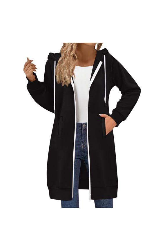 Womens Two Way Zipper Sweatshirt Oversized Long Hoodie Coat Casual Fall Winter Hooded Jacket with Pockets Black S