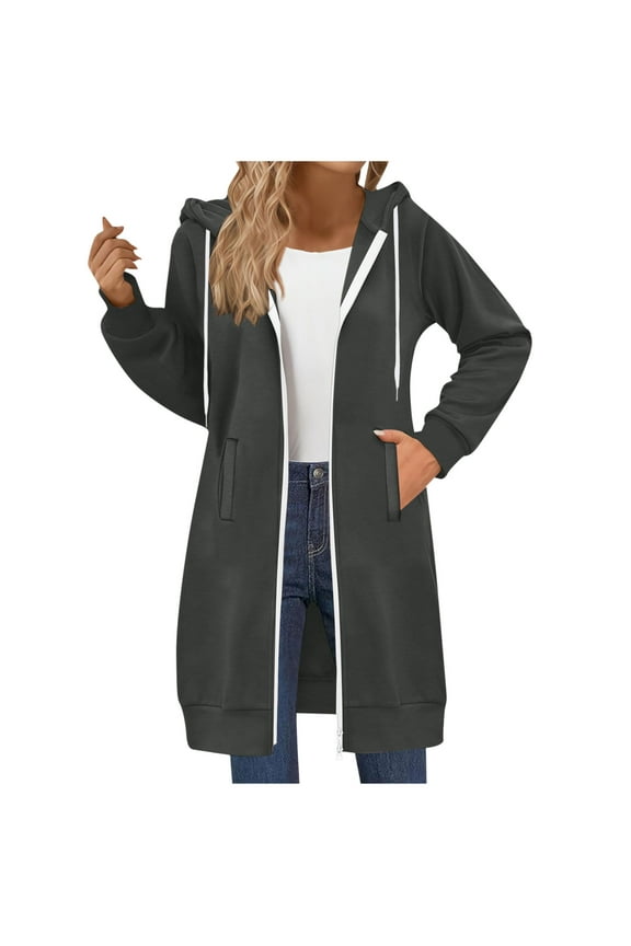 Womens Two Way Zipper Sweatshirt Oversized Long Hoodie Coat Casual Fall Winter Hooded Jacket with Pockets Dark Gray XL