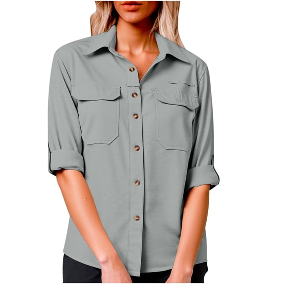 Htigea Womens UPF 50+ Sun Protection Shirt Long Sleeve Button Down Shirts Quick Dry Outdoor Fishing Hiking Blouse Tops Gray S
