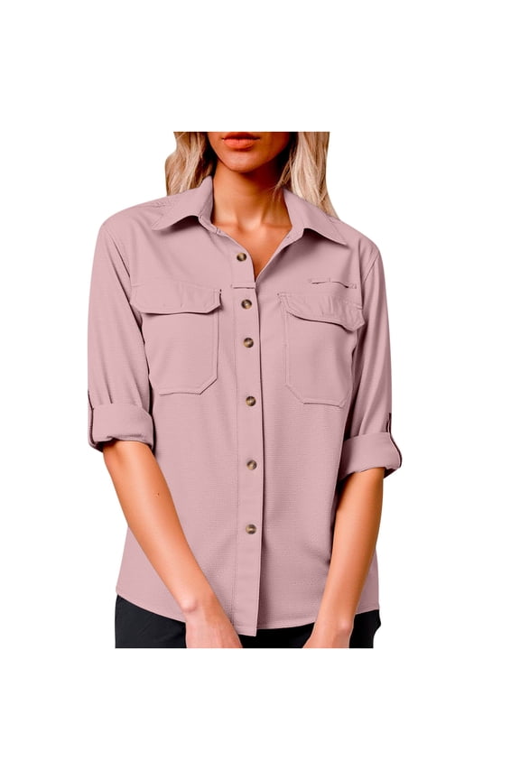 Womens UPF 50+ Sun Protection Shirt Long Sleeve Button Down Shirts Quick Dry Outdoor Fishing Hiking Blouse Tops Pink XXL