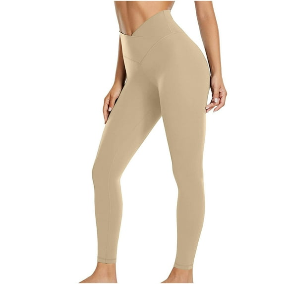 Htigea Womens V Cross Waisted Leggings Solid Color Skinny Yoga Pants Compression Tummy Control Bottoms Gym Workout Dance Tights Khaki