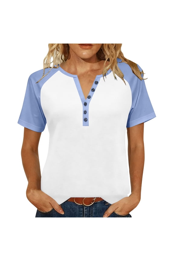 Womens V Neck Basic Tops Color Block Tunic T Shirts Summer Raglan Short Sleeve Henley Tshirt Soft Comfy Casual Tees Blue S