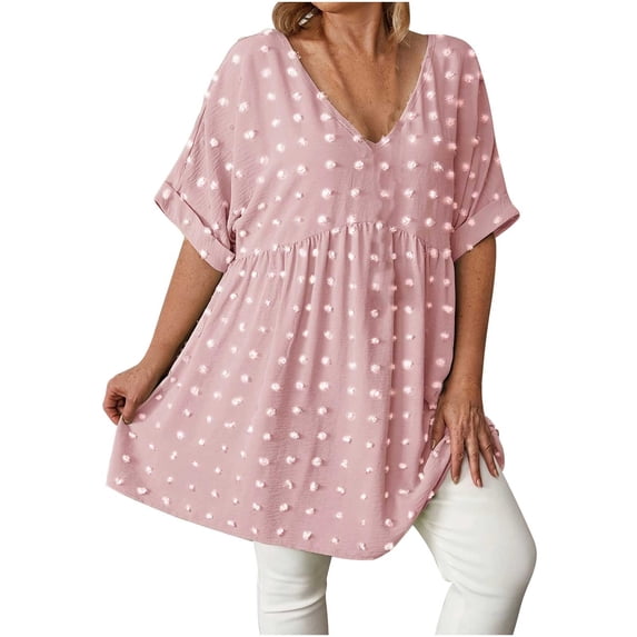 Htigea Womens V Neck Dress T-Shirts Plus Size Pleated Short Sleeve Flowy Shirts Oversized Casual Loose Fit Tops Summer Tee Pink XXXL
