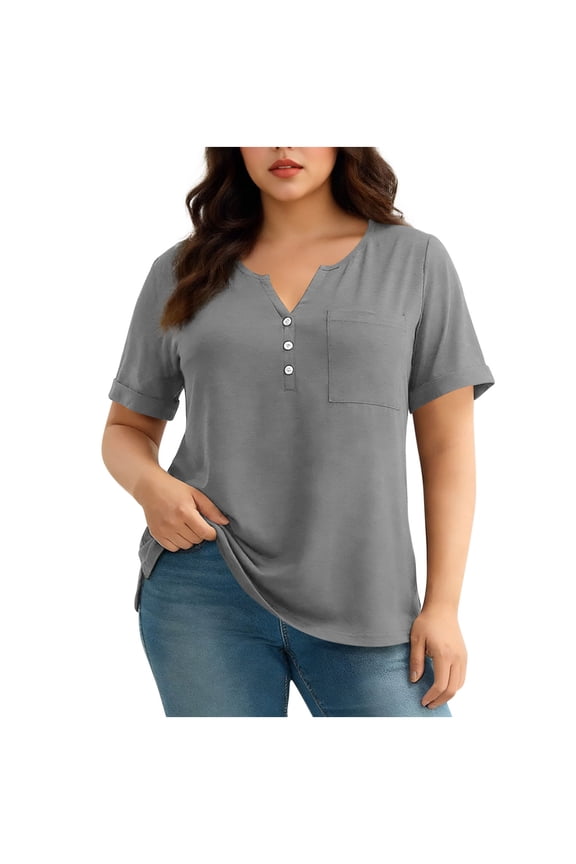 Womens V-Neck Henley Shirts Plus Size Short Sleeve Tunic Tops Soft Comfortable Casual T-Shirt Solid Color Summer Tee Dressy Blouses Gray XXXXL