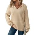 thumbnail image 1 of Htigea Womens V-Neck Hoodies Drawstring Hooded Sweatshirts Knit Ribbed Long Sleeve Pullover Casual Loose Tunic Tops with Pocket Beige S, 1 of 6