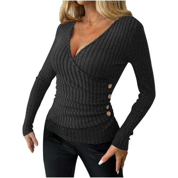 Htigea Womens V-Neck Long Sleeve Shirts Ribbed Knit Base Layer Tops Slim Fit Side Buttons Pullover Dressy Work Blouse Black M