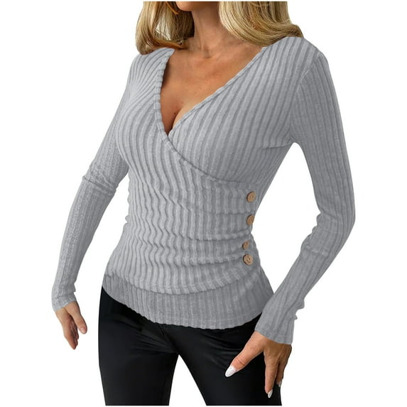 Htigea Womens V-Neck Long Sleeve Shirts Ribbed Knit Base Layer Tops Slim Fit Side Buttons Pullover Dressy Work Blouse Gray S
