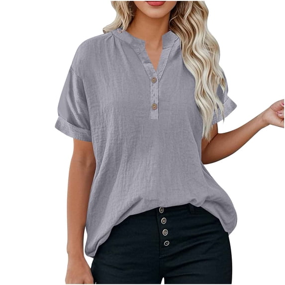 Htigea Womens V-Neck T Shirt Cotton Linen Short Sleeve Summer Tunic Tops Plus Size Solid Color Daily Tees Casual Beach T-Shirts Gray S