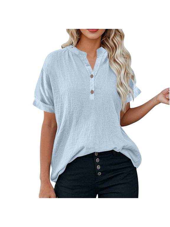 Womens V-Neck T Shirt Cotton Linen Short Sleeve Summer Tunic Tops Plus Size Solid Color Daily Tees Casual Beach T-Shirts Light Blue XL