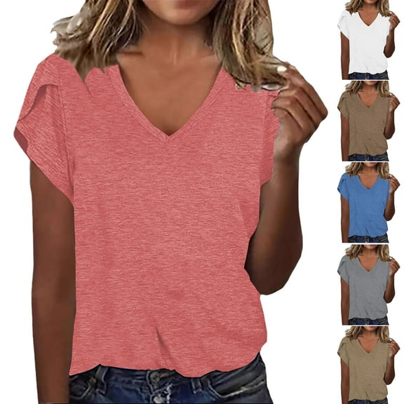 Htigea Womens V Neck T Shirts Short Sleeve Summer Tops Casual Basic Tee Shirt 2025 Trendy Fashion Clothes Pink,M