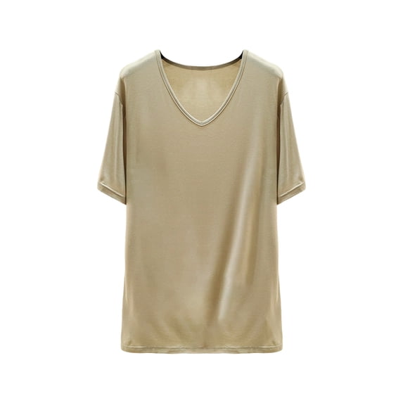 Htigea Womens V Neck T Shirts Soft Short Sleeve Tops Casual Loose Fit Summer Basic Tees Beige L