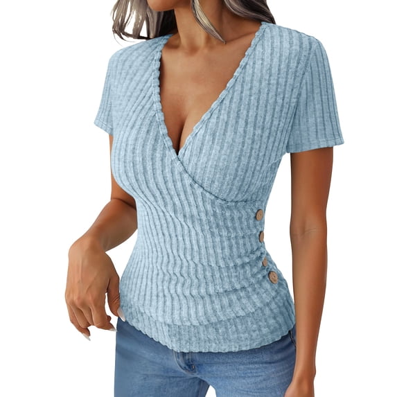 Htigea Womens V-Neck Wrap Tops Side Buttons Slim Fit T-Shirts Solid Color Short Sleeve Ribbed Tees Summer Trendy Going Out Blouse Light Blue M
