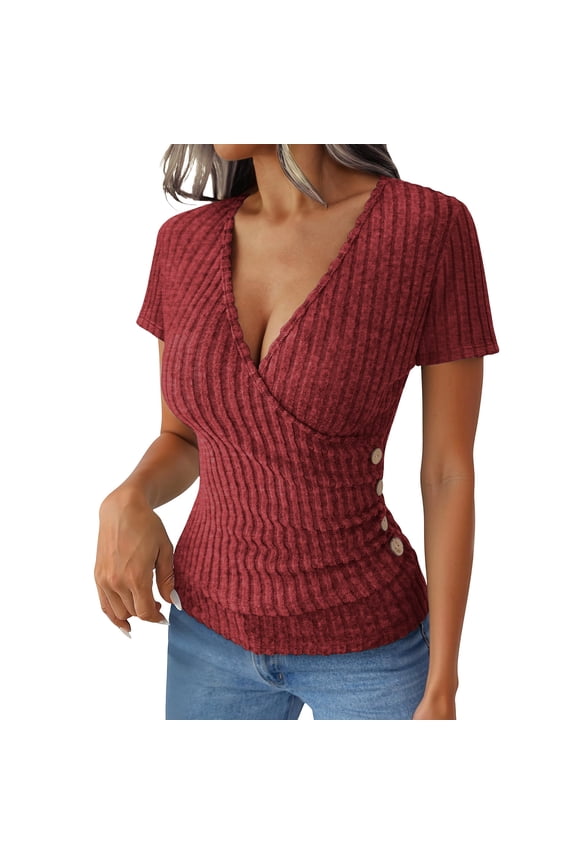 Womens V-Neck Wrap Tops Side Buttons Slim Fit T-Shirts Solid Color Short Sleeve Ribbed Tees Summer Trendy Going Out Blouse Red S