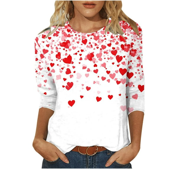 Htigea Womens Valentines Day Shirts 3/4 Sleeve Casual Crewneck T Shirt Tunic Tops Trendy Heart Print Pullover Tops Blouses ZA White,S