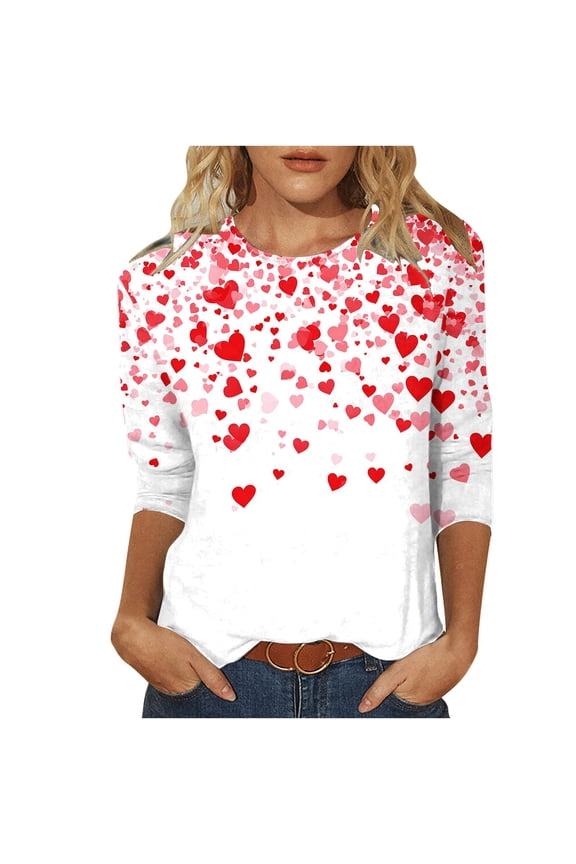 Womens Valentines Day Shirts 3/4 Sleeve Casual Crewneck T Shirt Tunic Tops Trendy Heart Print Pullover Tops Blouses ZA White,S