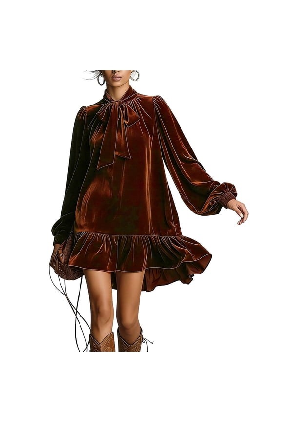 Womens Velvet Mini Babydoll Dress Collared Bow Tie Puff Long Sleeve Cute Ruffle Cocktail Party Short Dress Brown M
