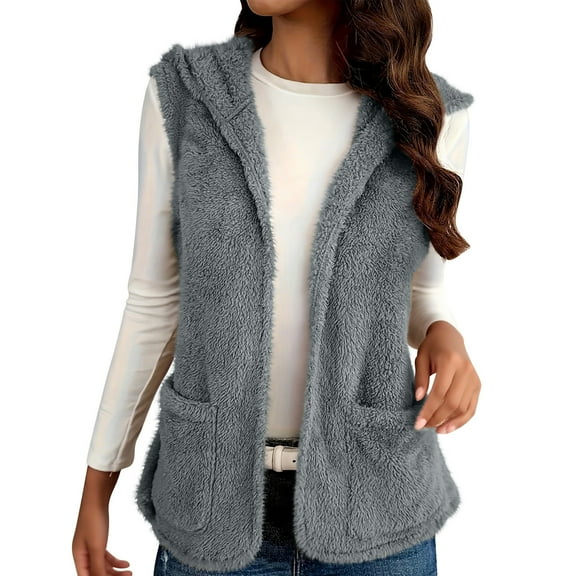 Htigea Womens Vest Sherpa Sleeveless Hoodies Soft Comfy Open Front Cardigans Casual Home Coat with Pockets Gray XL