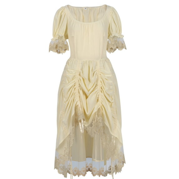 Htigea Womens Victorian Retro Midi Dress Medieval Lace Trim Short Sleeve Wedding Dress Pleated Front High Low Hem Dresses Khaki L