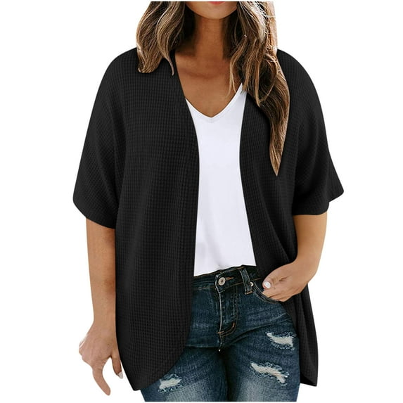 Htigea Womens Waffle Cardigan Plus Size Short Sleeve Open Front Cardigans Casual Loose Fit Tops Black,XXXXXL