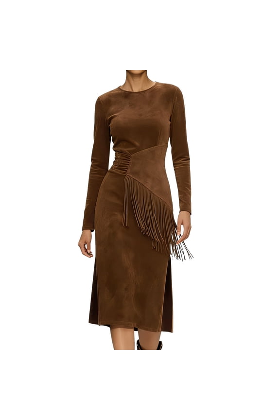 Womens Western Faux Suede Dress with Fringe Long Sleeve Side Split Bodycon Dresses Vintage Mid-Length Tassel Dresses Brown M