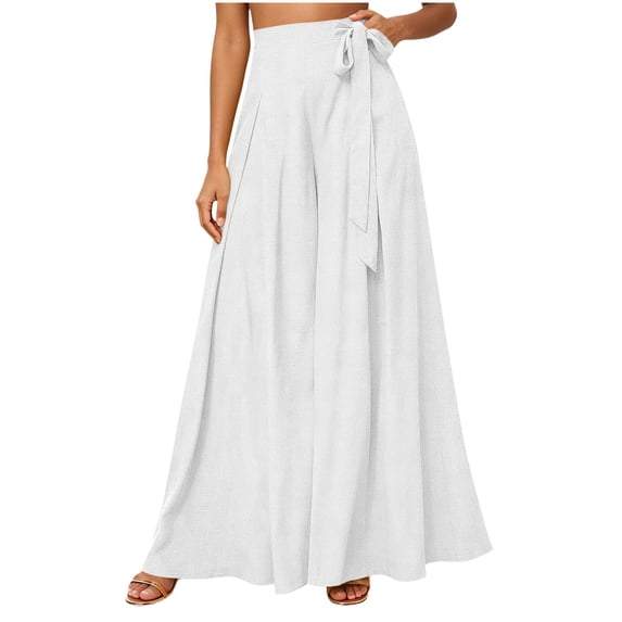Htigea Womens Wide Leg Palazzo Pants Half Elastic Waisted Tie Knot Slacks Flowy Summer Casual Beach Vacation Travel Pant White XL