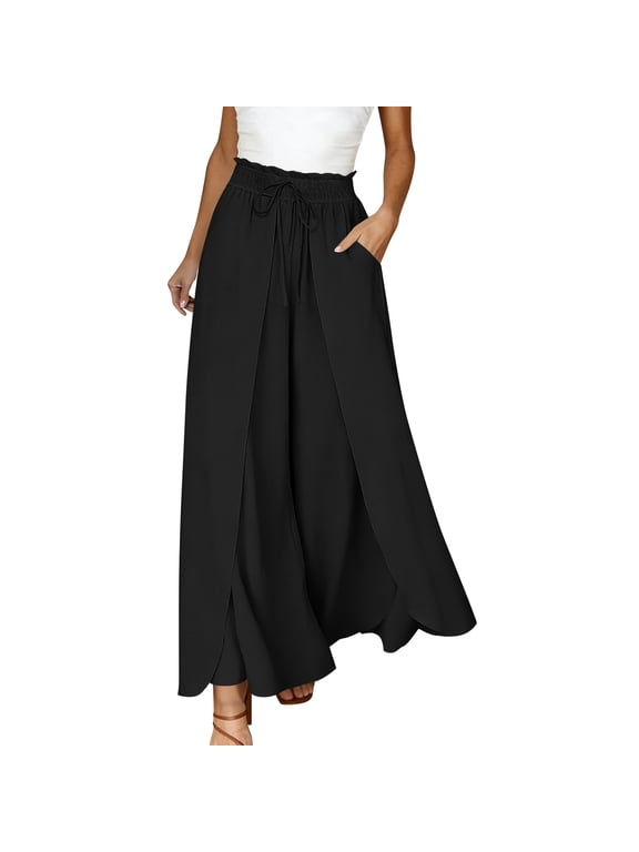 Womens Wide Leg Summer Pants Flowy Side Split Beach Pants Boho Drawstring High Waisted Slacks with Pockets Black XXL