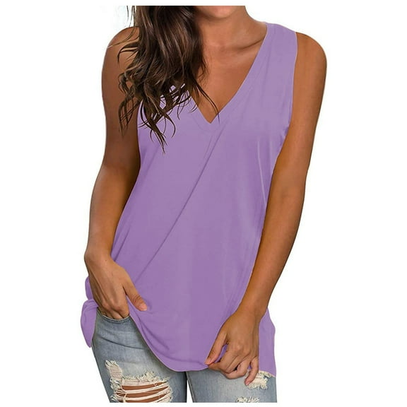 Htigea Womens Wide Strap Tank Tops Casual Tunic Long Tanks Blouses Soft Solid V Neck Sleeveless Shirts Summer Vacation Lounge Undershirts Purple,S