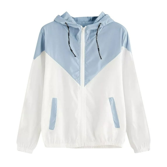 Htigea Womens Windbreaker Jackets Drawstring Hooded Sport Coats Trendy Color Block Outdoor Athletic Jacket with Pockets Light Blue M